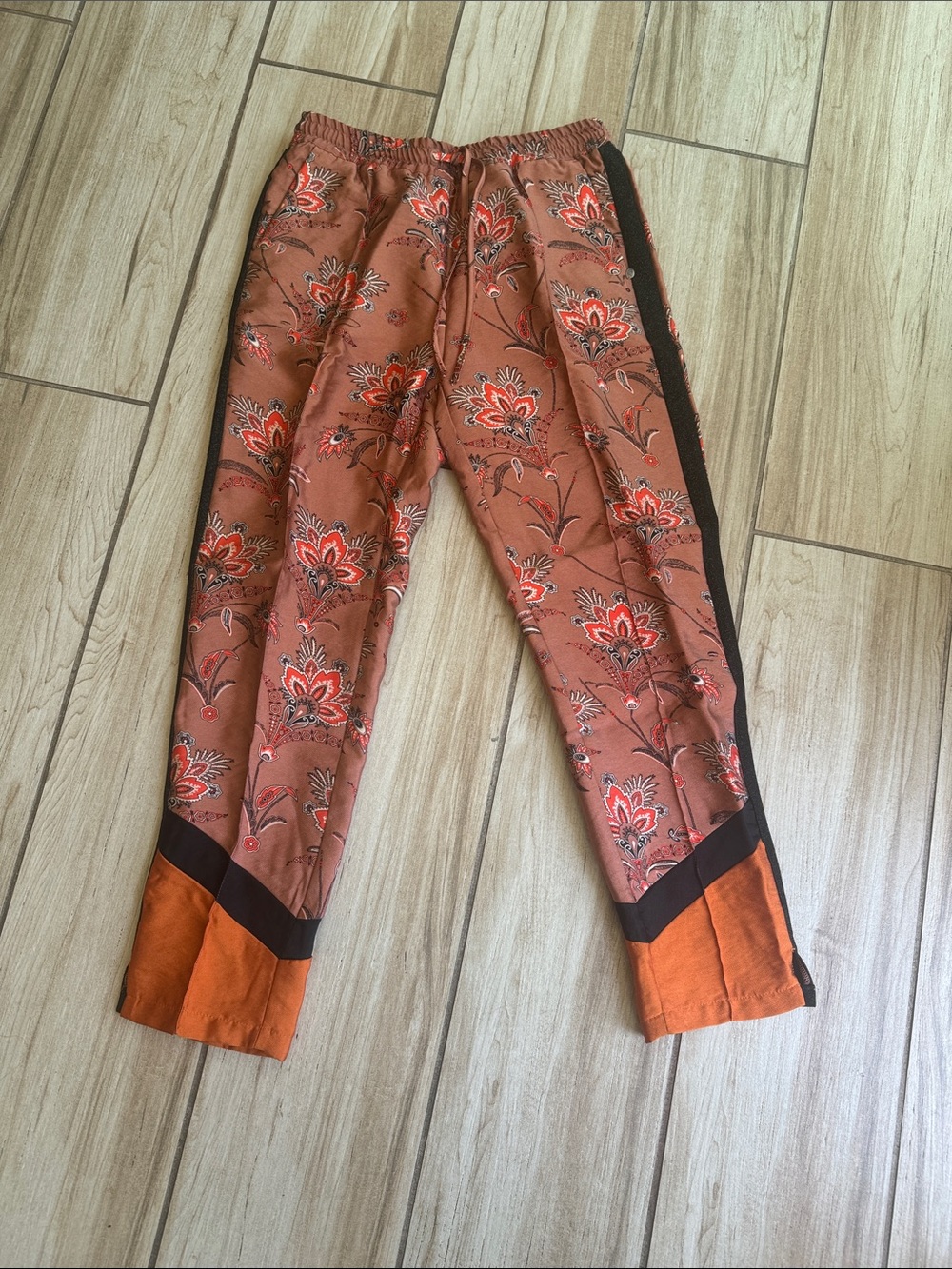 Scotch & Soda Rust Brown Floral Jogger Pants with Black Side Stripes